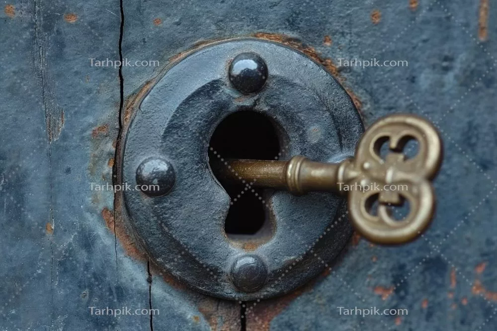 عکس کلید قدیمی طراحی شده با تزئینات قفل بر روی پس زمینه چوبی