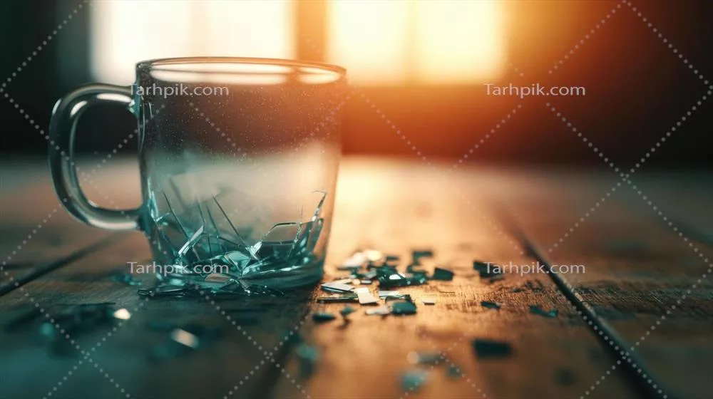 عکس لحظه ای از آسیب پذیری: لیوان شکسته روی میز چوبی