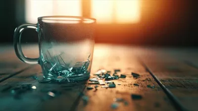 عکس لحظه ای از آسیب پذیری: لیوان شکسته روی میز چوبی