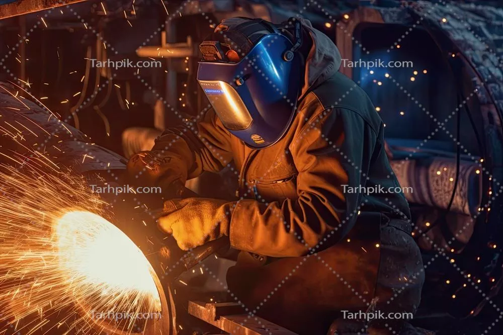 عکس تصویری خلاقانه از یک جوشکار در حال کار بر روی لوله های انتقال گاز طبیعی