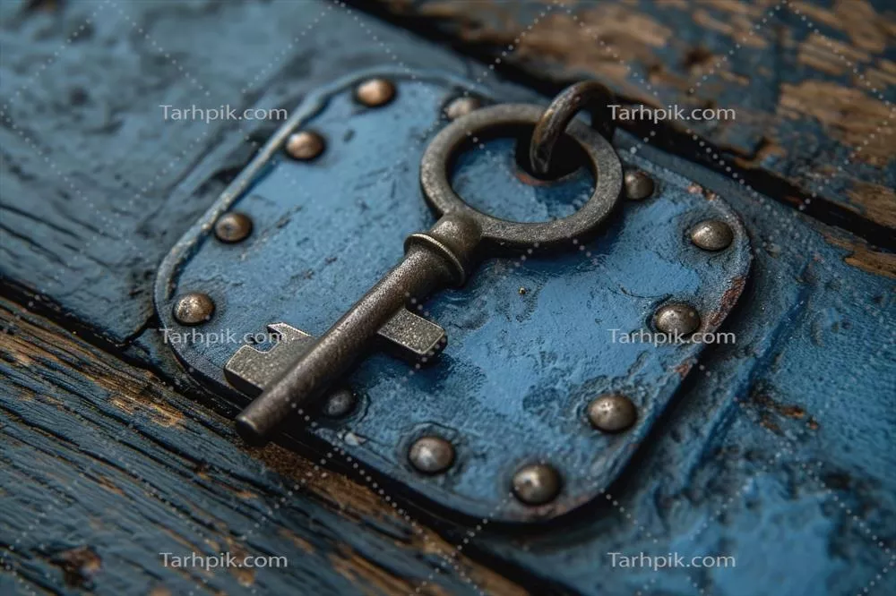 عکس کلید قدیمی طراحی شده با تزئینات قفل بر روی پس زمینه چوبی