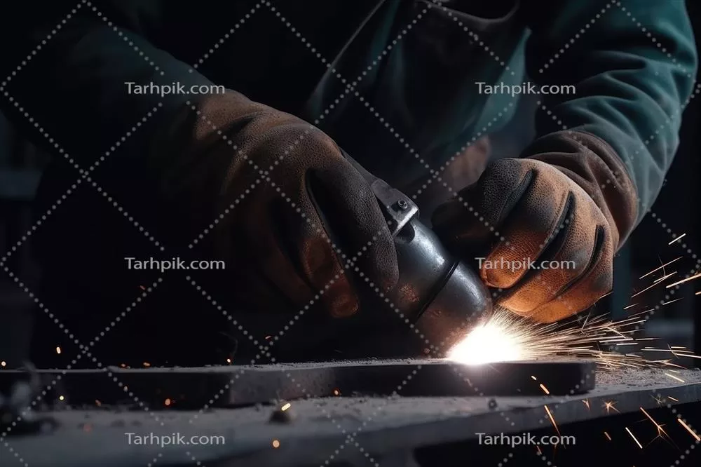 عکس تصویری نزدیک از یک جوشکار در حال برش فلز با دستگاه سنگ فرز