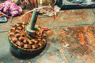 عکس نمای نزدیک از سیم پیچی موتور الکتریکی در کارگاه با جزئیات دقیق