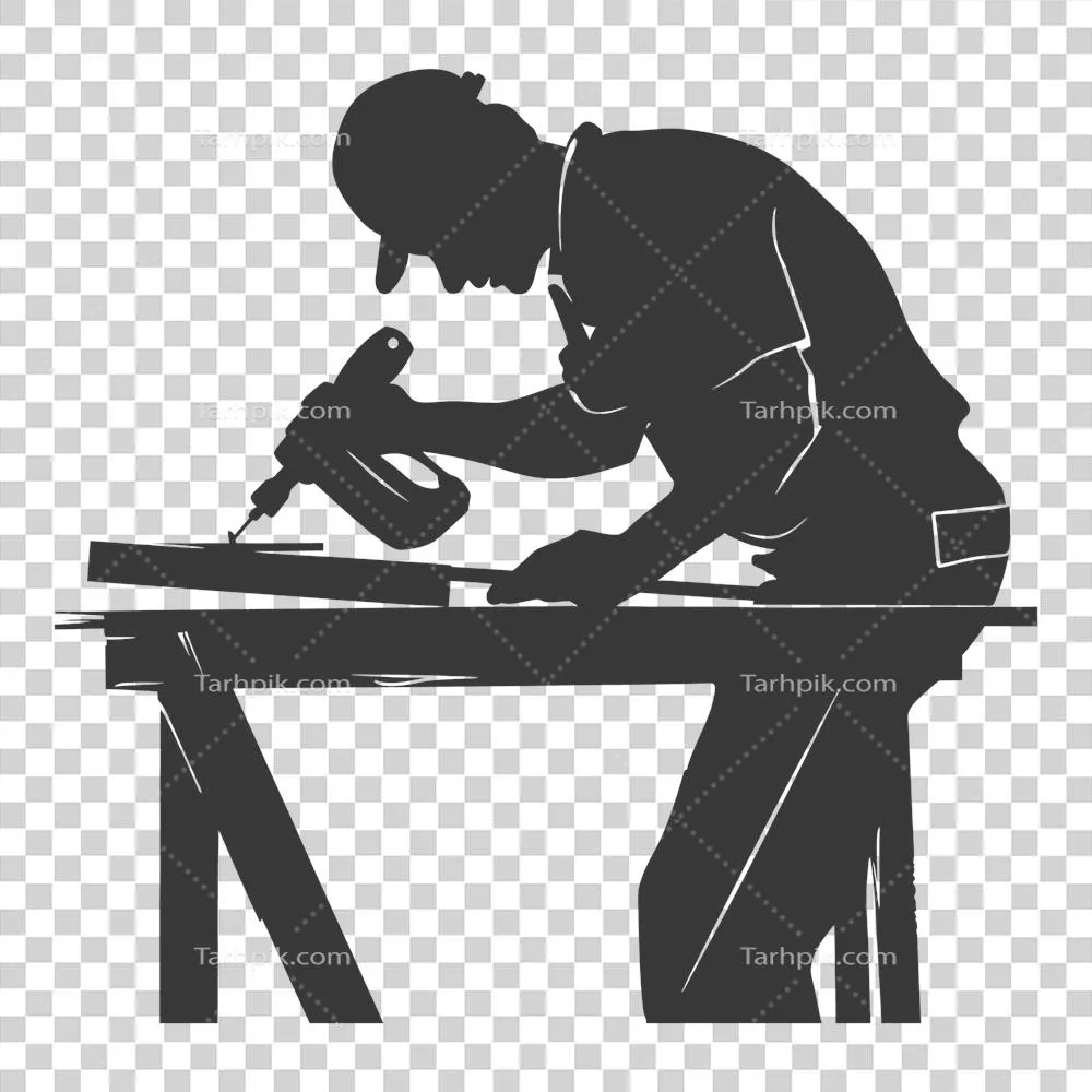 عکس دوربری تصویر سیاه و سفید از یک نجار در حال کار با جزئیات کامل