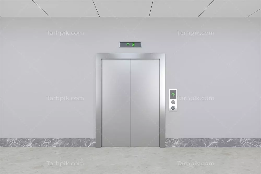 عکس تصویری سه بعدی از آسانسور در راهرو با جزئیات دقیق و جذاب