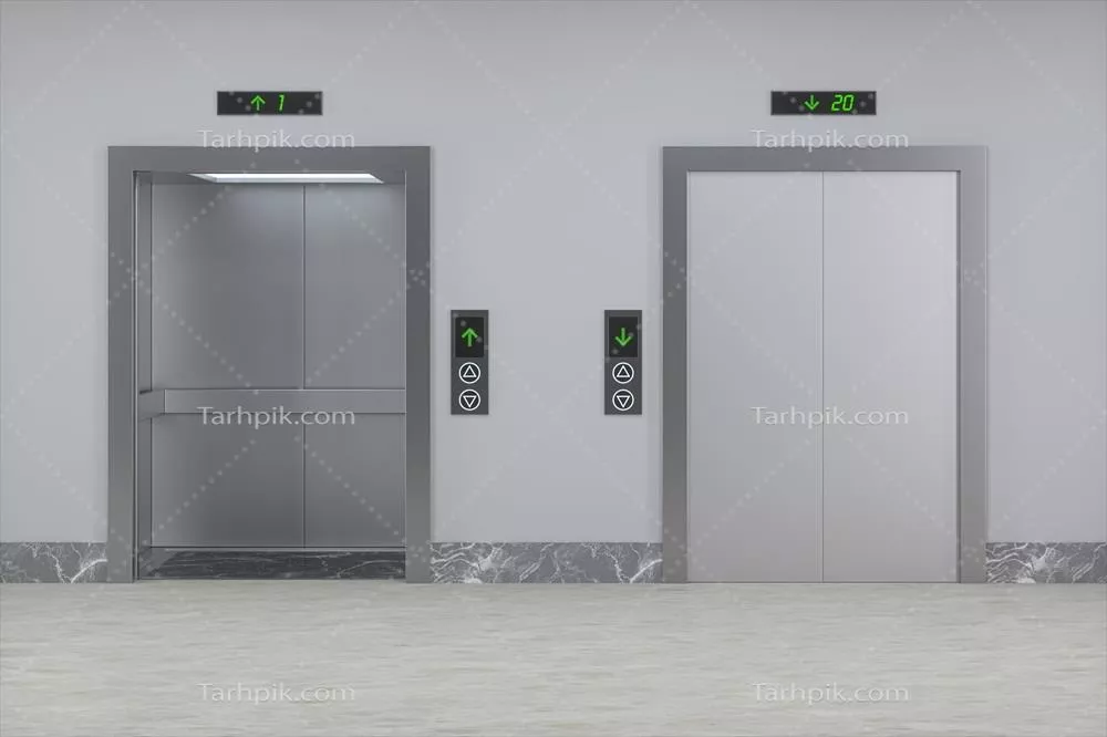 عکس تصویری سه بعدی از آسانسور در راهرو با جزئیات دقیق و جذاب