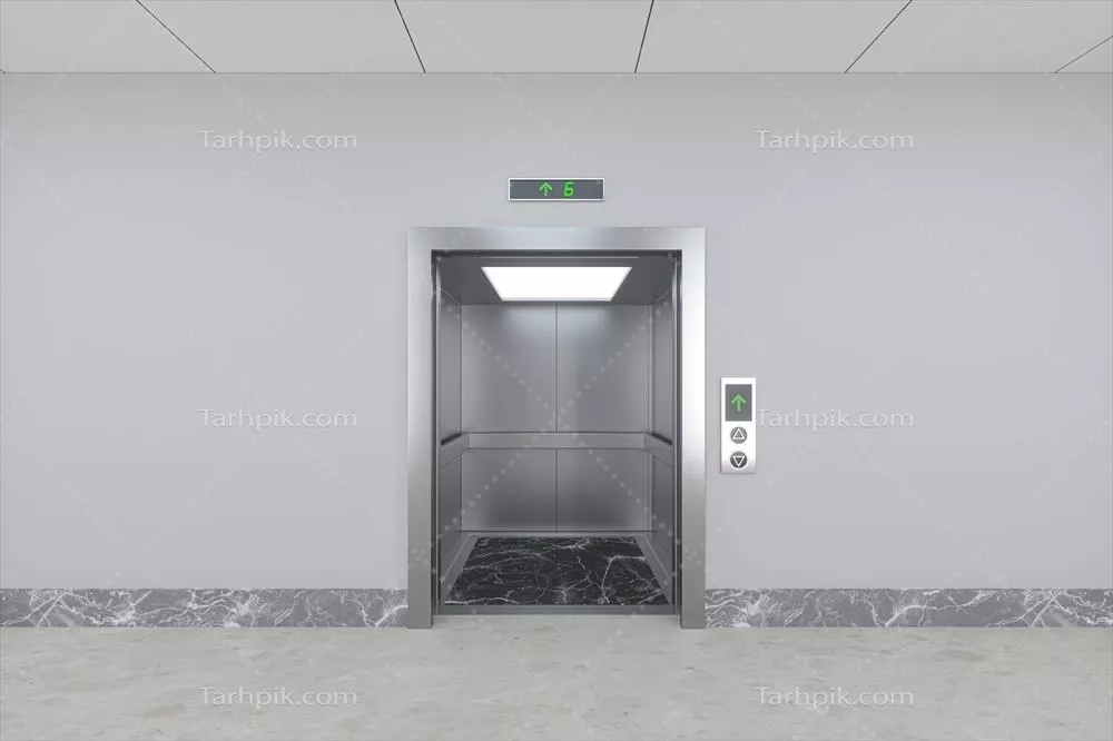 عکس تصویری سه بعدی از آسانسور در راهرو با جزئیات دقیق و جذاب