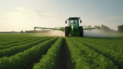 عکس تصویری زیبا از یک تراکتور در حال سمپاشی در مزرعه ای سرسبز