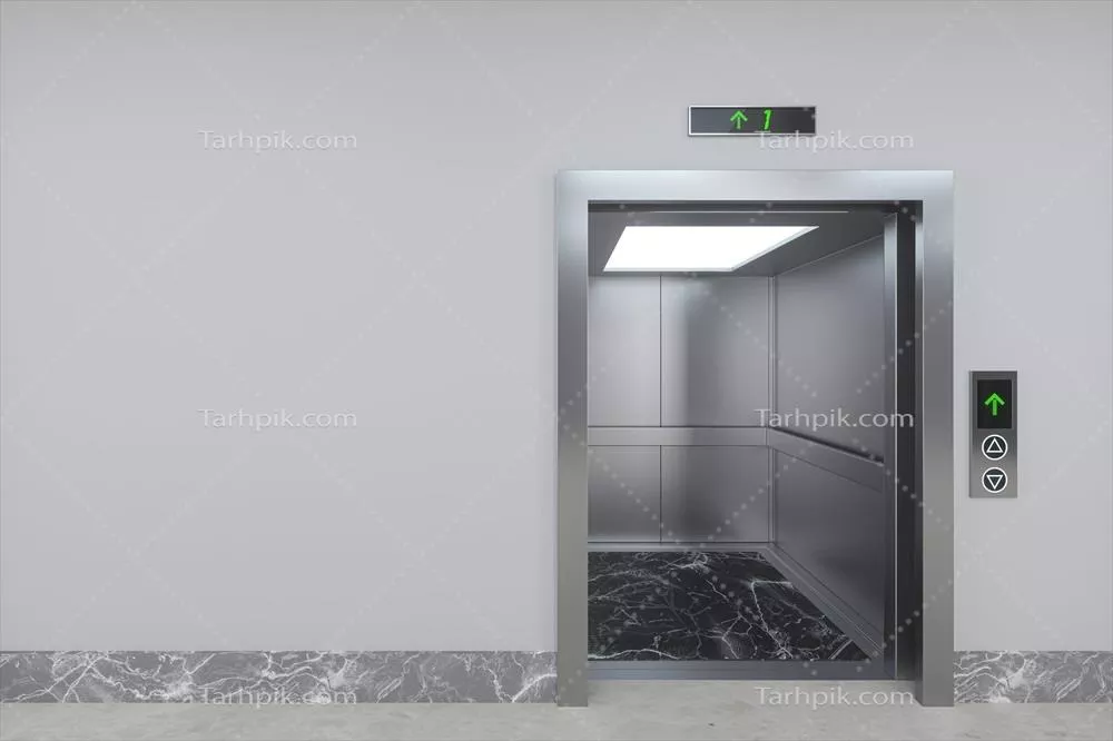 عکس تصویری سه بعدی از آسانسور در راهرو با جزئیات دقیق و جذاب