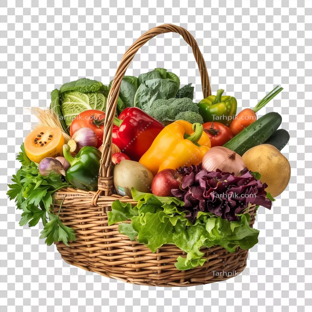 عکس دوربری سبد بافته شده پر از میوه ها و سبزیجات ارگانیک رنگارنگ