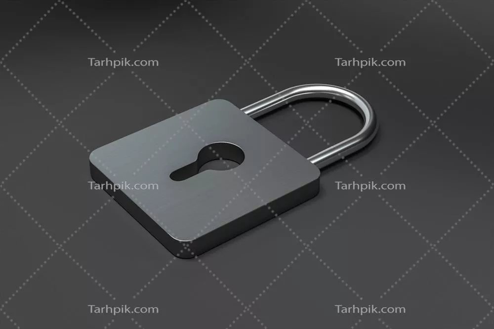 عکس تصویری از قفل فلزی سه بعدی با پس زمینه دیجیتال مدرن