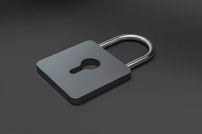 عکس تصویری از قفل فلزی سه بعدی با پس زمینه دیجیتال مدرن