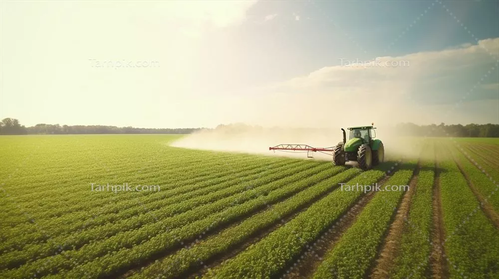 عکس تصویری زیبا از یک تراکتور در حال سمپاشی در مزرعه ای سرسبز