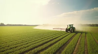 عکس تصویری زیبا از یک تراکتور در حال سمپاشی در مزرعه ای سرسبز