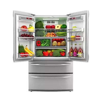 عکس دوربری یخچال و فریزر با طراحی مدرن و شفاف در پس زمینه