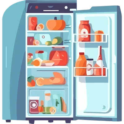 عکس دوربری یخچال با مواد غذایی و نوشیدنی های متنوع درون آن