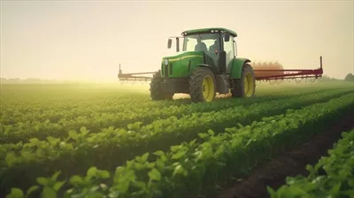 عکس تصویری زیبا از یک تراکتور در حال سمپاشی در مزرعه ای سرسبز