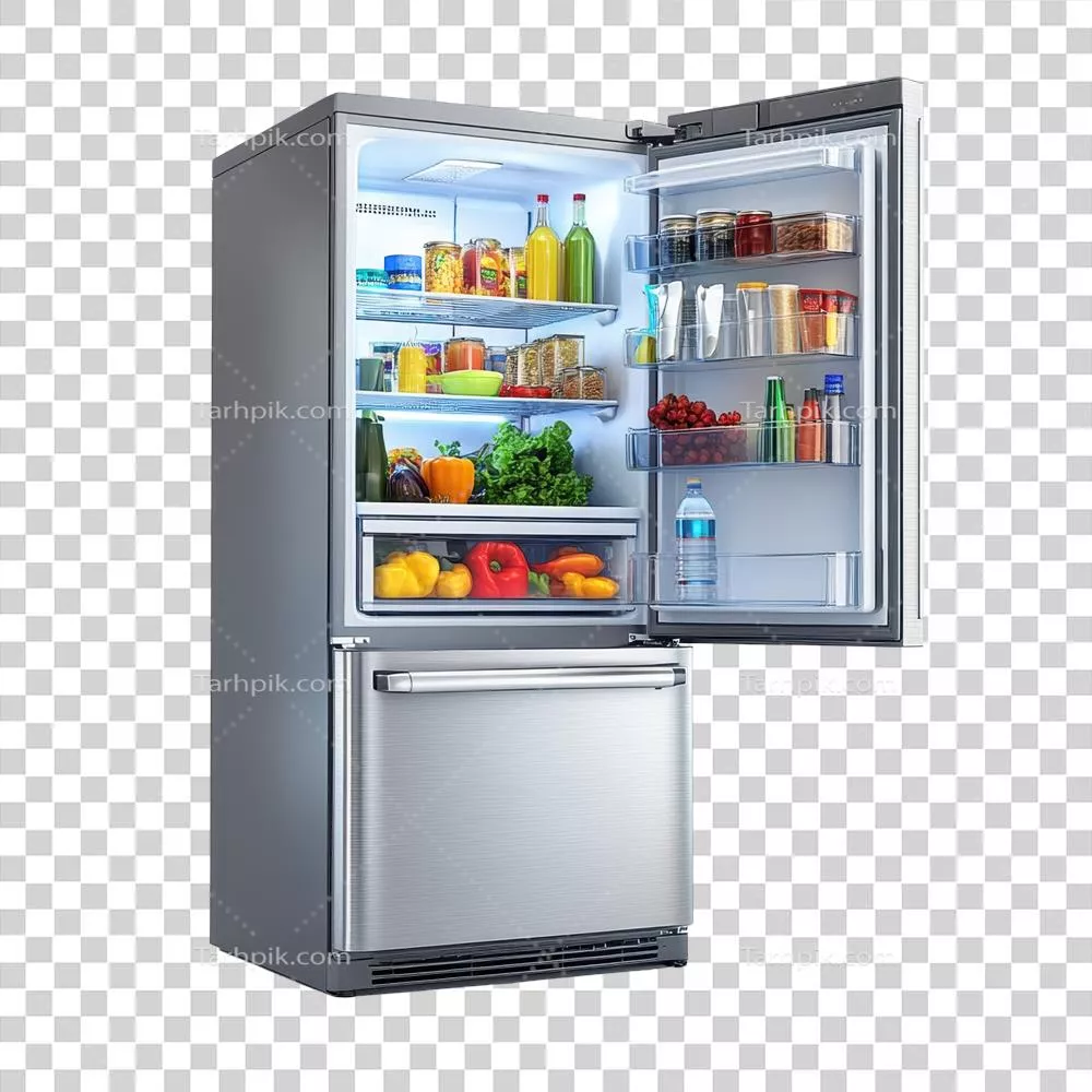 عکس دوربری یخچال مدرن پر از مواد غذایی تازه و بسته بندی شده