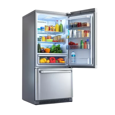 عکس دوربری یخچال مدرن پر از مواد غذایی تازه و بسته بندی شده