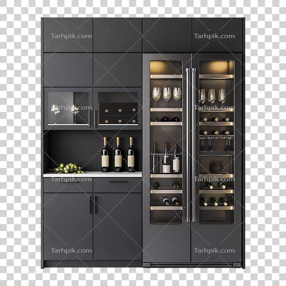 عکس دوربری کابینت نگهداری شراب و یخچال در آشپزخانه با پس زمینه شفاف