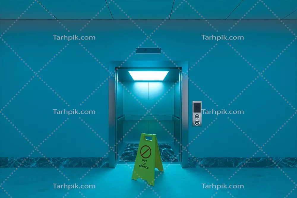 عکس تصویری از آسانسور خراب در راهرو با جزئیات سه بعدی و واقع گرایانه
