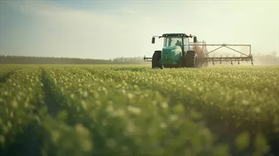 عکس تصویری زیبا از یک تراکتور در حال سمپاشی در مزرعه ای سرسبز