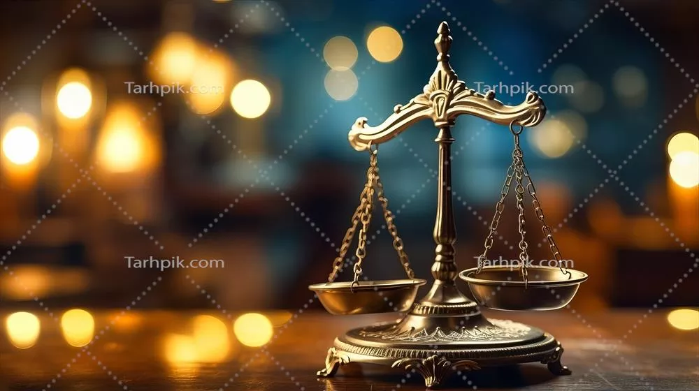 عکس تصویری نزدیک از ترازوی عدالت با فضایی برای متن و توضیحات