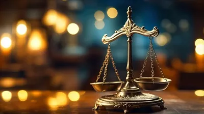 عکس تصویری نزدیک از ترازوی عدالت با فضایی برای متن و توضیحات