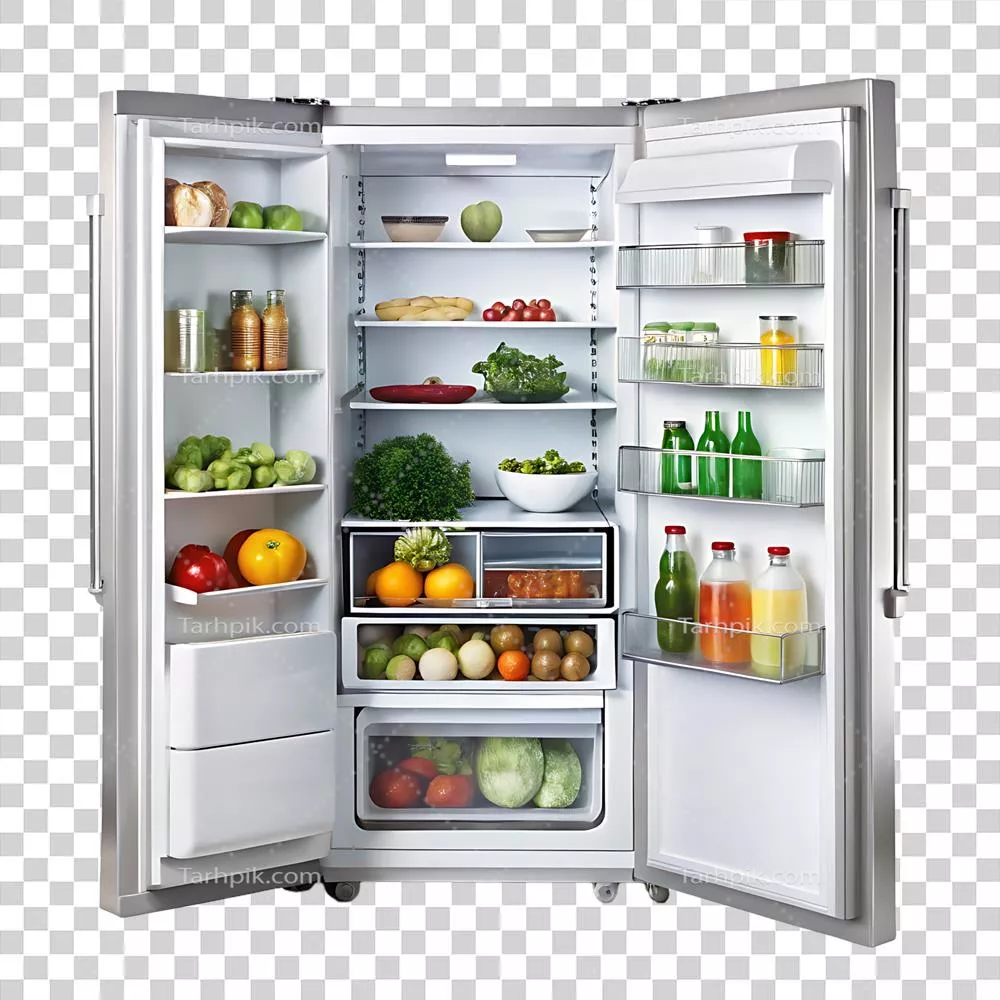 عکس دوربری یخچالی با درب باز و محتویات آن به نمایش گذاشته شده است