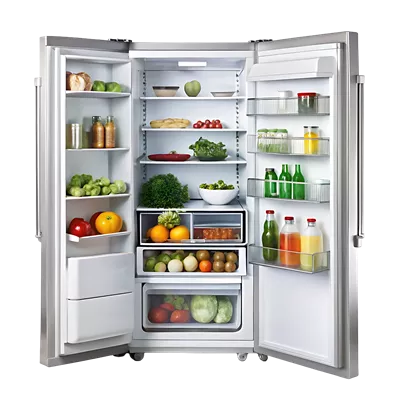 عکس دوربری یخچالی با درب باز و محتویات آن به نمایش گذاشته شده است