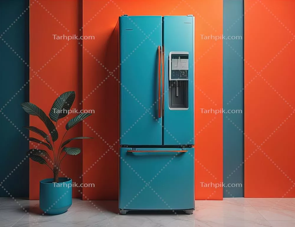 عکس یخچال مدرن آبی رنگ در مقابل دیوار نارنجی با طراحی جذاب