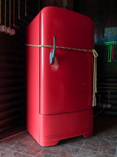 عکس یخچال قرمز و وینتیج با طناب بسته شده - تصویری جذاب و خاص