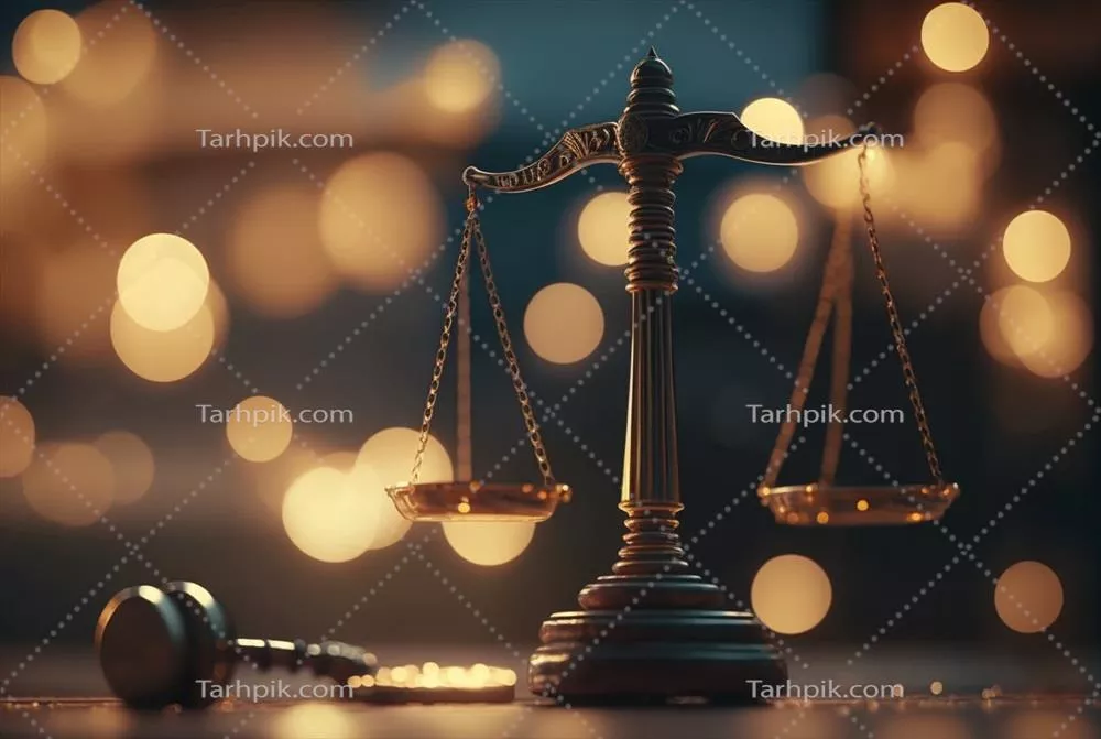 عکس تصویری از چکش قاضی و ترازوی عدالت در پس زمینه ای با افکت بوکه