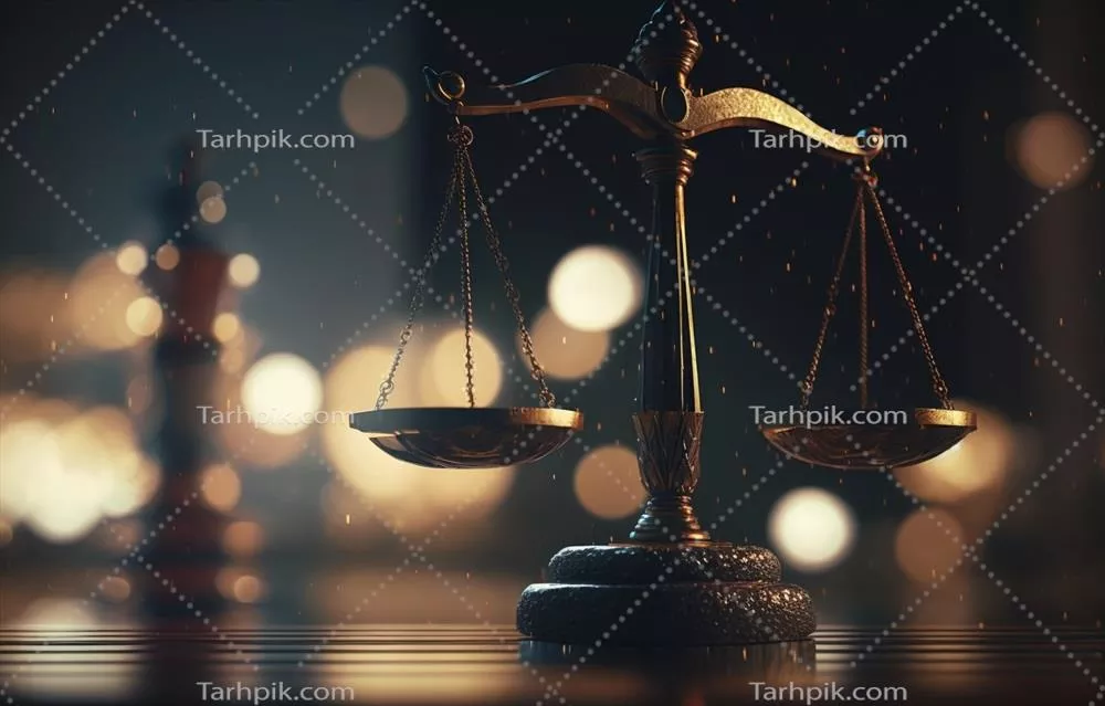 عکس تصویری از چکش قاضی و ترازوی عدالت در پس زمینه ای با افکت بوکه
