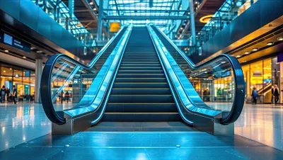 عکس تصویری از پله برقی رو به بالا در یک ترمینال مدرن فرودگاهی