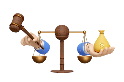 عکس دوربری مقیاس های عدالت سه بعدی با دست holding چکش چوبی و کیسه پول به عنوان نماد سیستم حقوقی