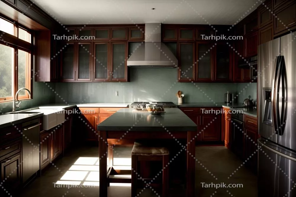 عکس آشپزخانه ای مدرن با اجاق گاز و یخچال در کنار هم