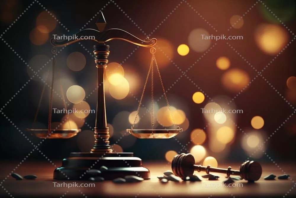 عکس تصویری از چکش قاضی و ترازوی عدالت در پس زمینه ای با افکت بوکه