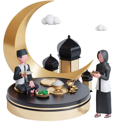 عکس دوربری بنر ویژه ماه رمضان با شخصیت های 3D زوج مسلمان برای جشن افطار