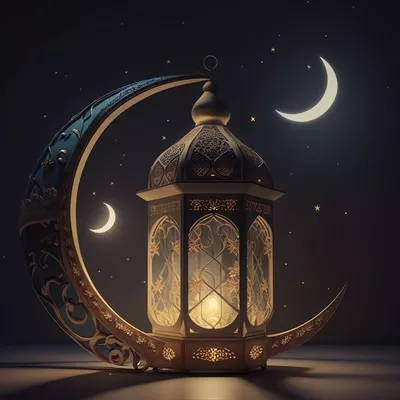 عکس طراحی کارت تبریک ماه رمضان با پس زمینه فانوس و المان های اسلامی