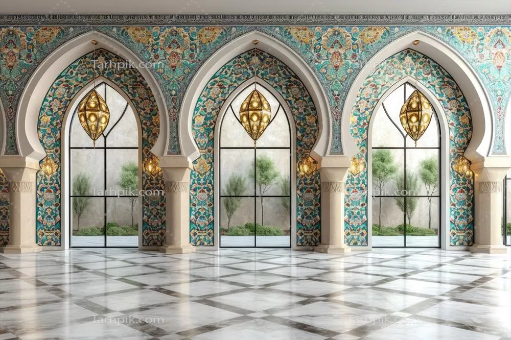 عکس کارت تبریک ماه رمضان با طراحی هوش مصنوعی و پس زمینه اسلامی