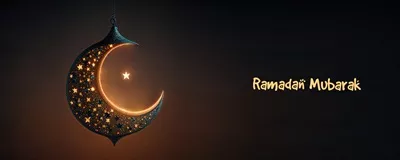 عکس طراحی بنر ویژه ماه رمضان با تصویر سه بعدی هلال درخشان و ستاره ای