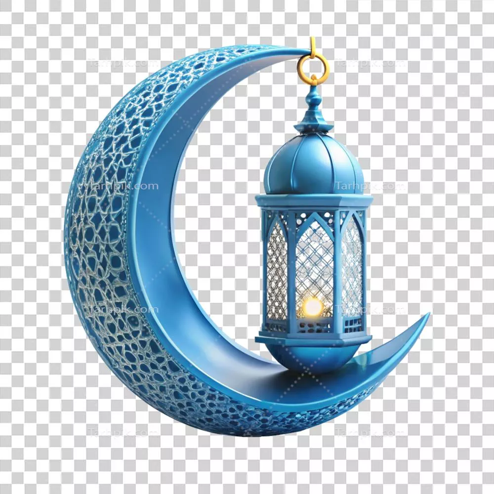 عکس دوربری چراغ آبی سه بعدی اسلامی با ماه در پس زمینه شفاف