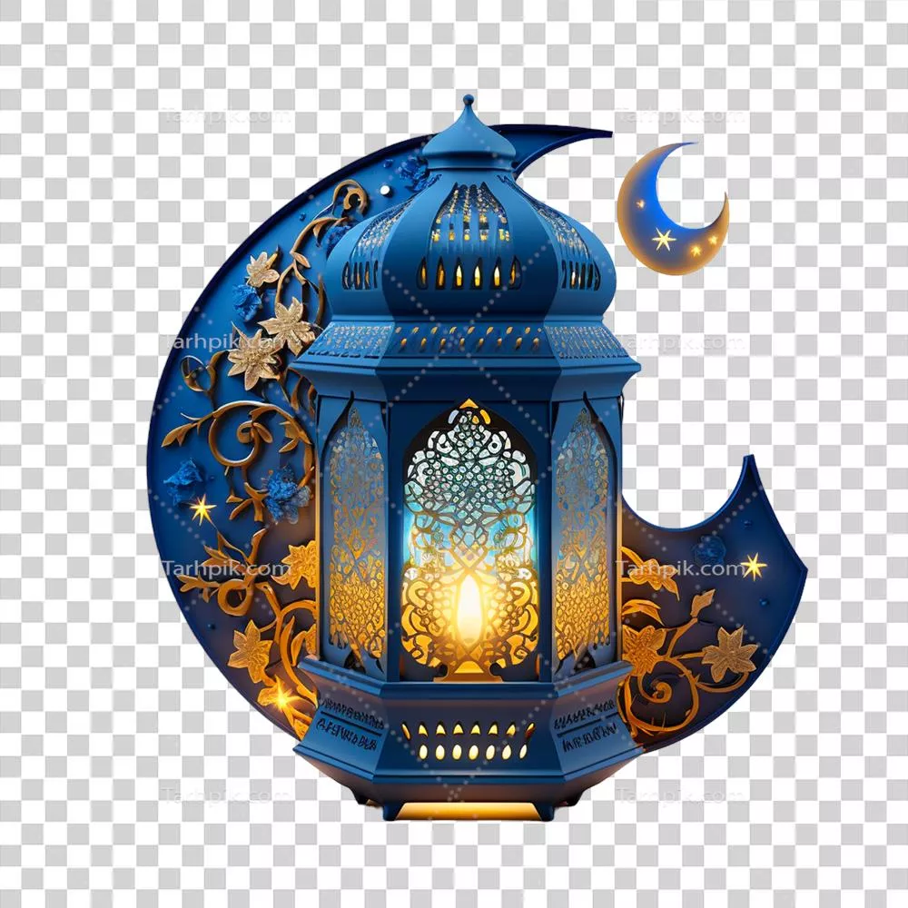 عکس دوربری چراغ آبی سه بعدی و ماه در ماه رمضان کریم با طراحی اسلامی