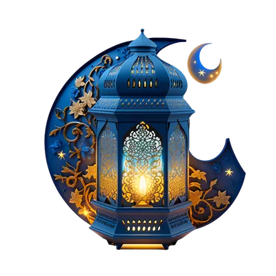 عکس دوربری چراغ آبی سه بعدی و ماه در ماه رمضان کریم با طراحی اسلامی