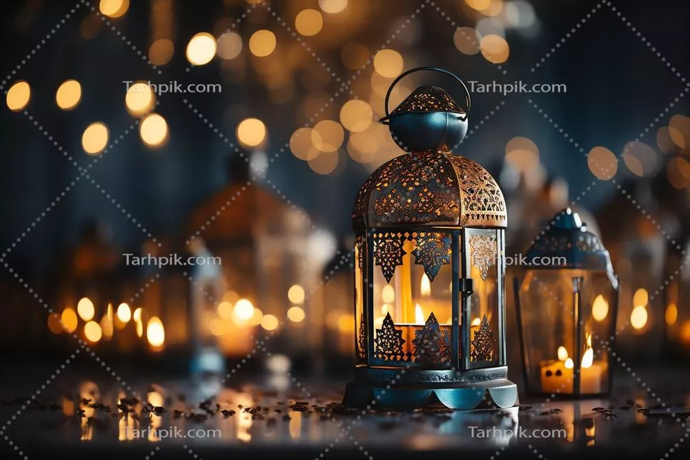 عکس تبریک عید فطر و رمضان با چراغ های اسلامی و نمای مسجد