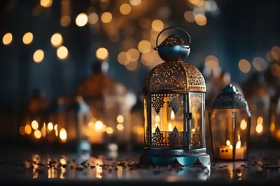 عکس تبریک عید فطر و رمضان با چراغ های اسلامی و نمای مسجد