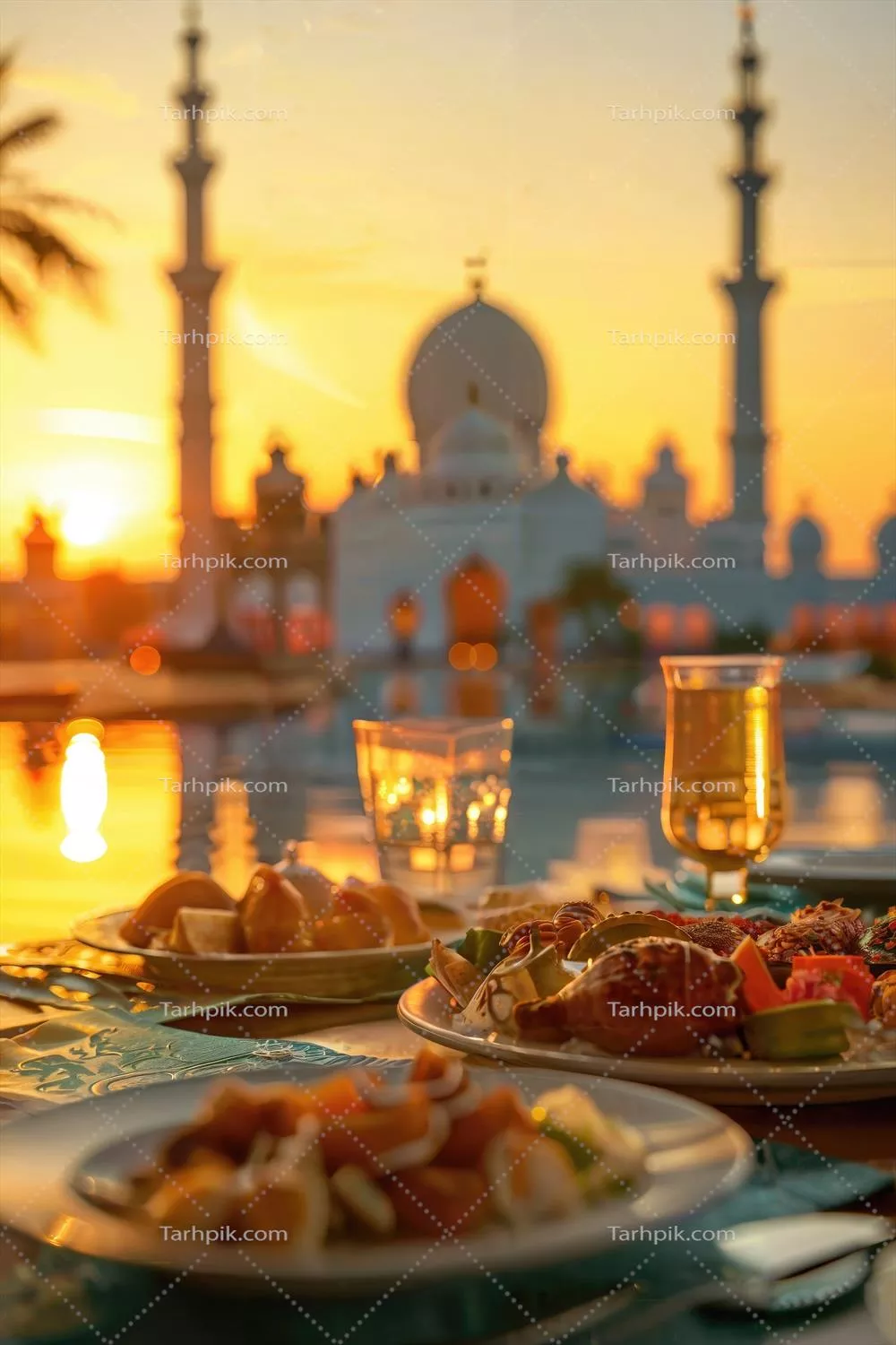عکس غروب زیبای رمضان در مسجد با سفره افطار و نمادهای معنوی