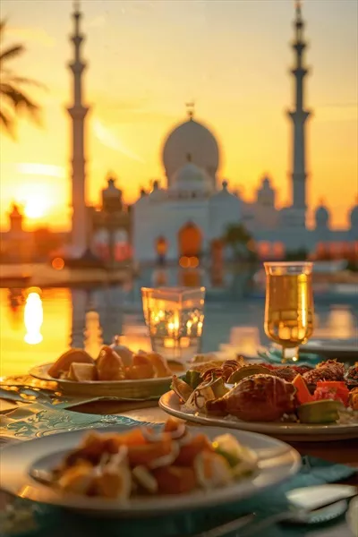 عکس غروب زیبای رمضان در مسجد با سفره افطار و نمادهای معنوی