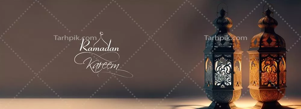 عکس طراحی بنر ماه رمضان با لامپ عربی واقعی و پس زمینه قهوه ای